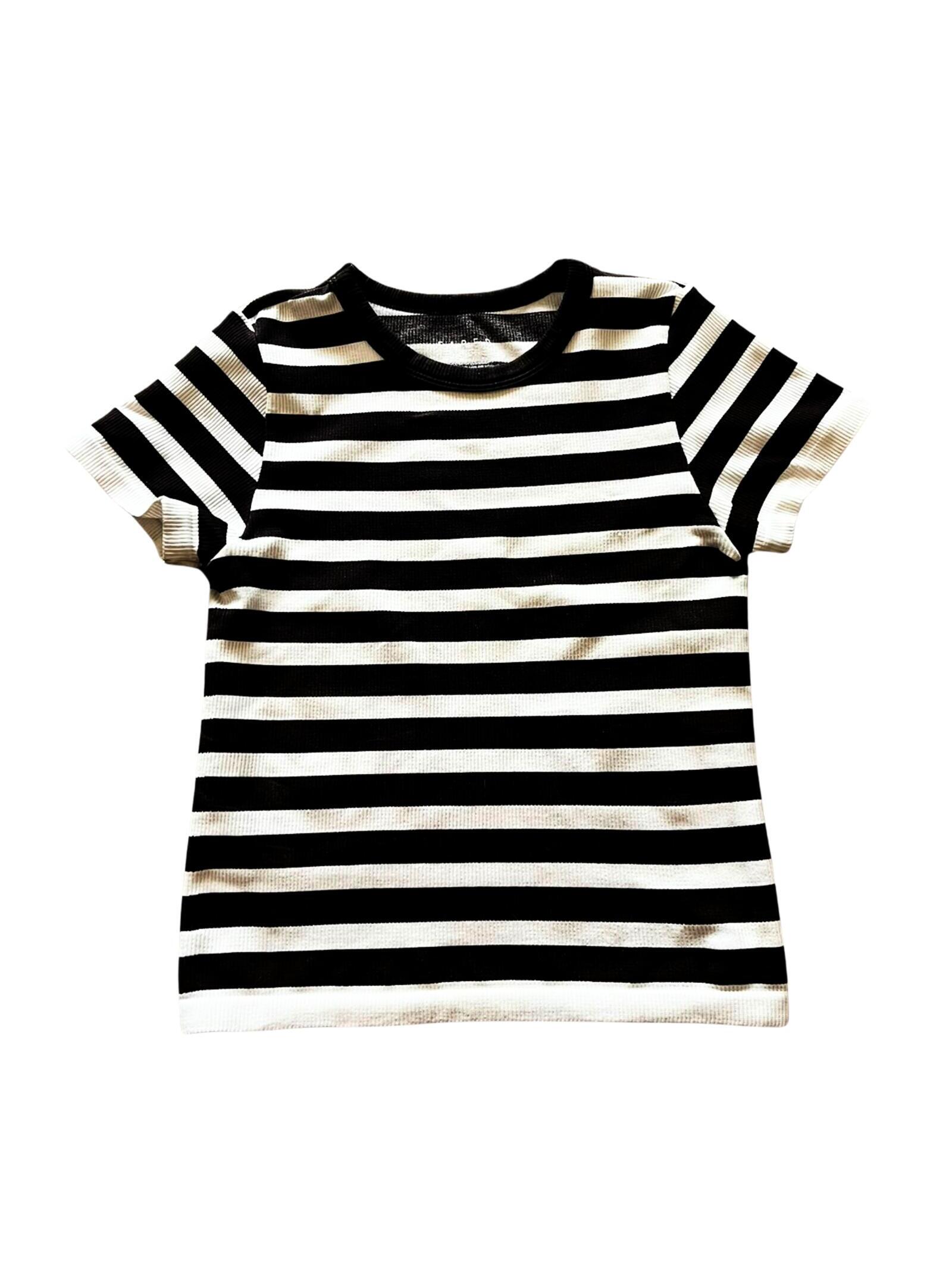 Faded Rose Striped Rib Knit Top Womens Small Black White Short Sleeve Casual